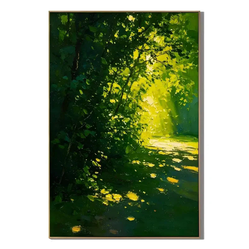 Ownanart Hand-Painted Green Forest Sunlight Path Oil Painting | Modern Impressionist Lush Woodland with Golden Morning Light & Textured Nature Landscape Wall Art for Living Room, Bedroom and Study # OA 1355