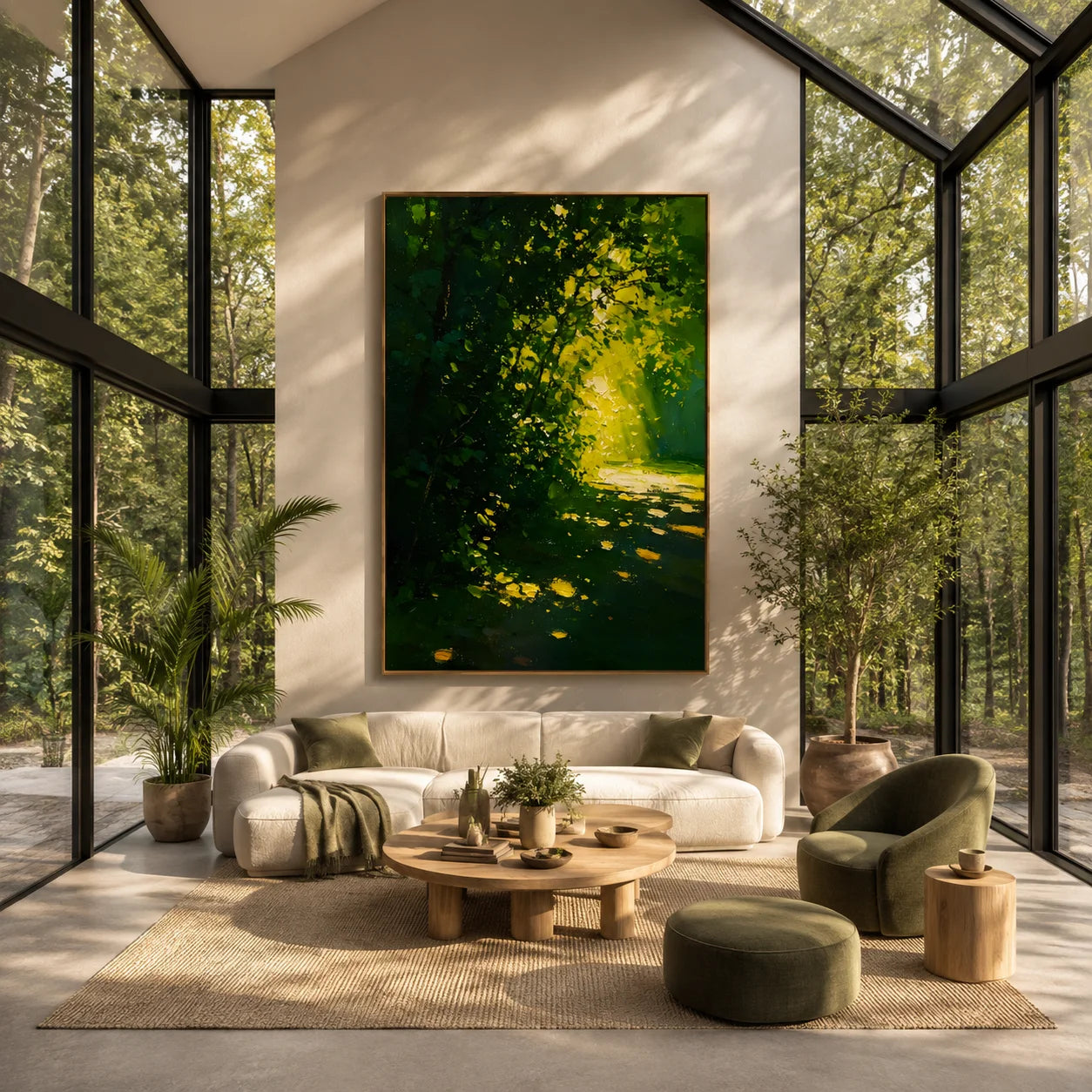 Ownanart Hand-Painted Green Forest Sunlight Path Oil Painting | Modern Impressionist Lush Woodland with Golden Morning Light & Textured Nature Landscape Wall Art for Living Room, Bedroom and Study # OA 1355