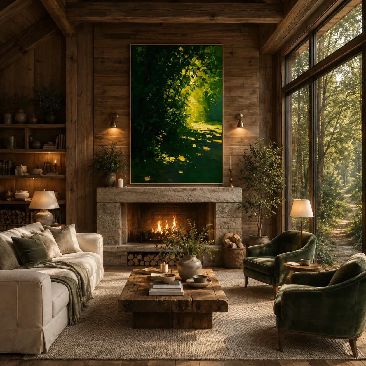 Ownanart Hand-Painted Green Forest Sunlight Path Oil Painting | Modern Impressionist Lush Woodland with Golden Morning Light & Textured Nature Landscape Wall Art for Living Room, Bedroom and Study # OA 1355