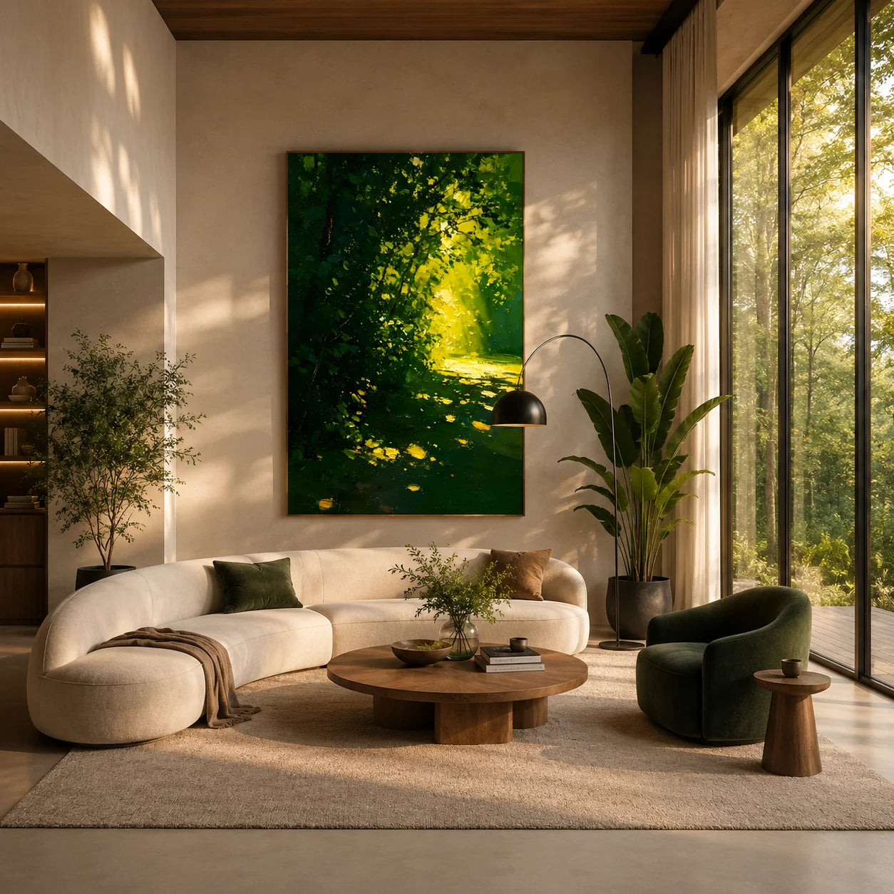Ownanart Hand-Painted Green Forest Sunlight Path Oil Painting | Modern Impressionist Lush Woodland with Golden Morning Light & Textured Nature Landscape Wall Art for Living Room, Bedroom and Study # OA 1355