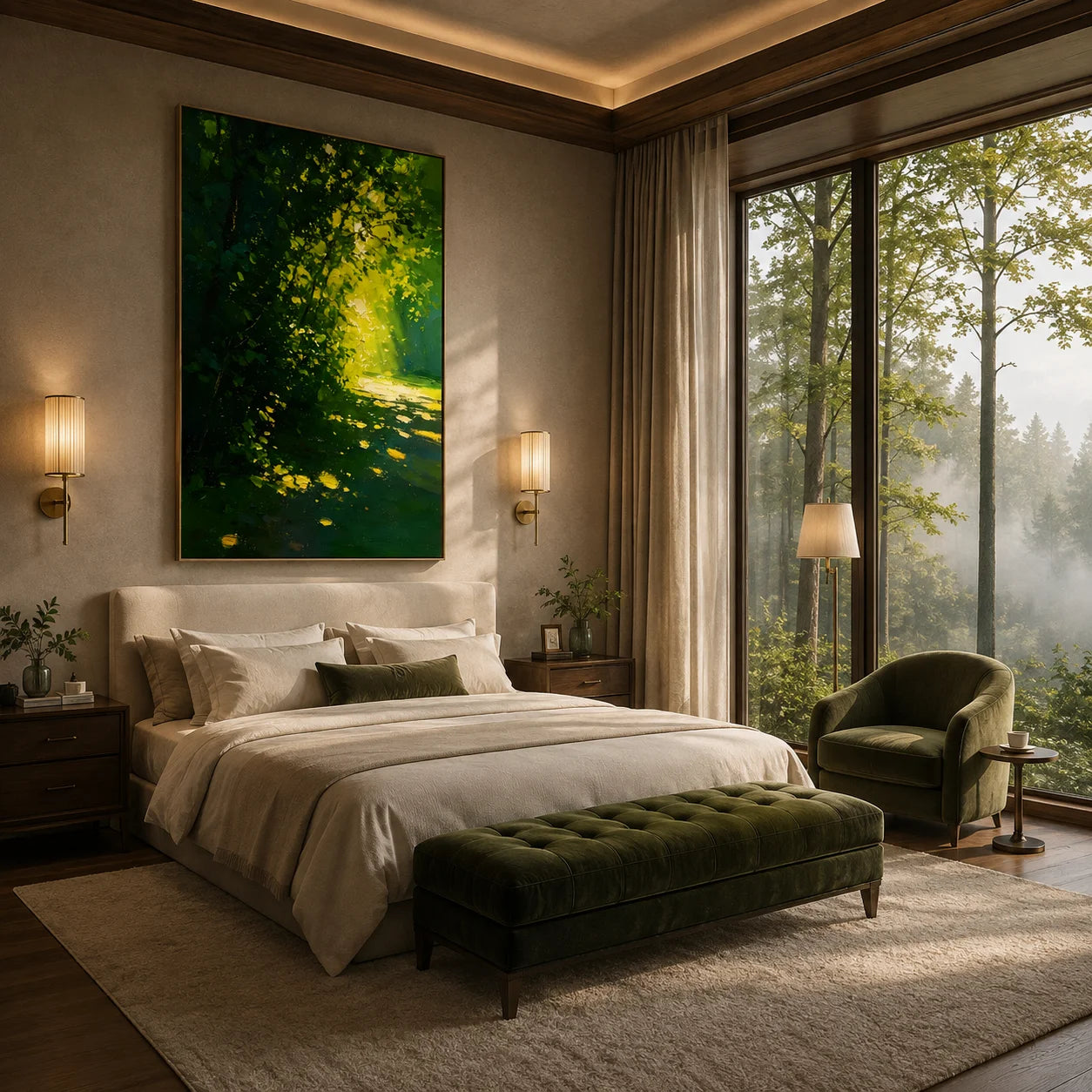Ownanart Hand-Painted Green Forest Sunlight Path Oil Painting | Modern Impressionist Lush Woodland with Golden Morning Light & Textured Nature Landscape Wall Art for Living Room, Bedroom and Study # OA 1355