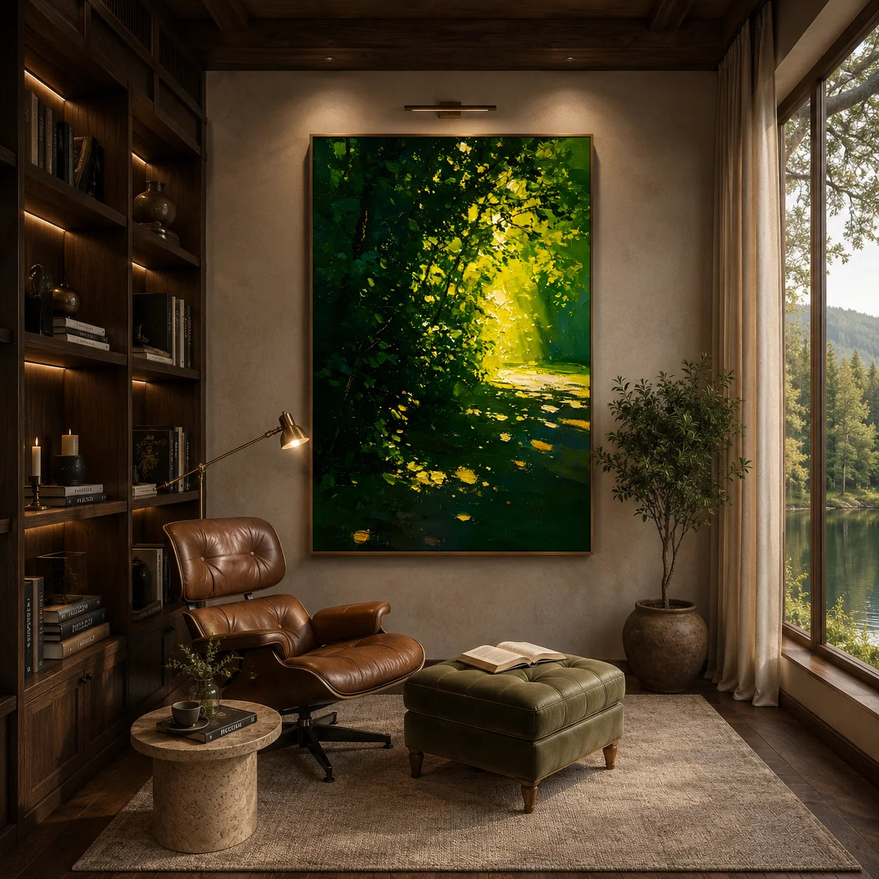 Ownanart Hand-Painted Green Forest Sunlight Path Oil Painting | Modern Impressionist Lush Woodland with Golden Morning Light & Textured Nature Landscape Wall Art for Living Room, Bedroom and Study # OA 1355