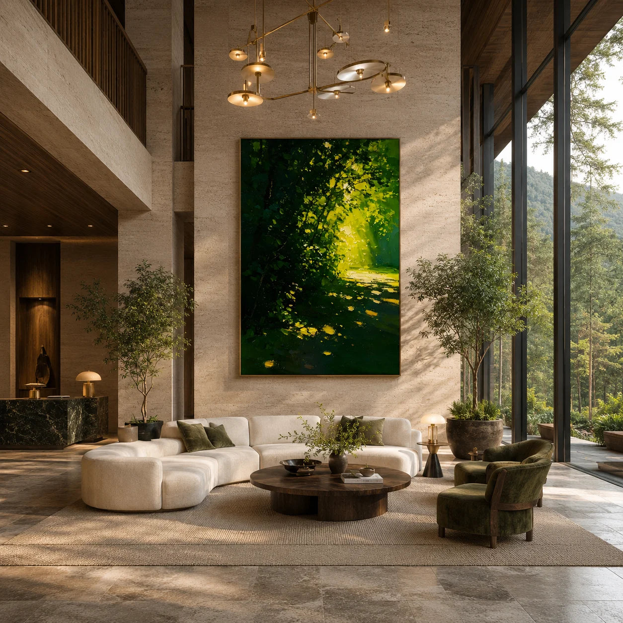 Ownanart Hand-Painted Green Forest Sunlight Path Oil Painting | Modern Impressionist Lush Woodland with Golden Morning Light & Textured Nature Landscape Wall Art for Living Room, Bedroom and Study # OA 1355