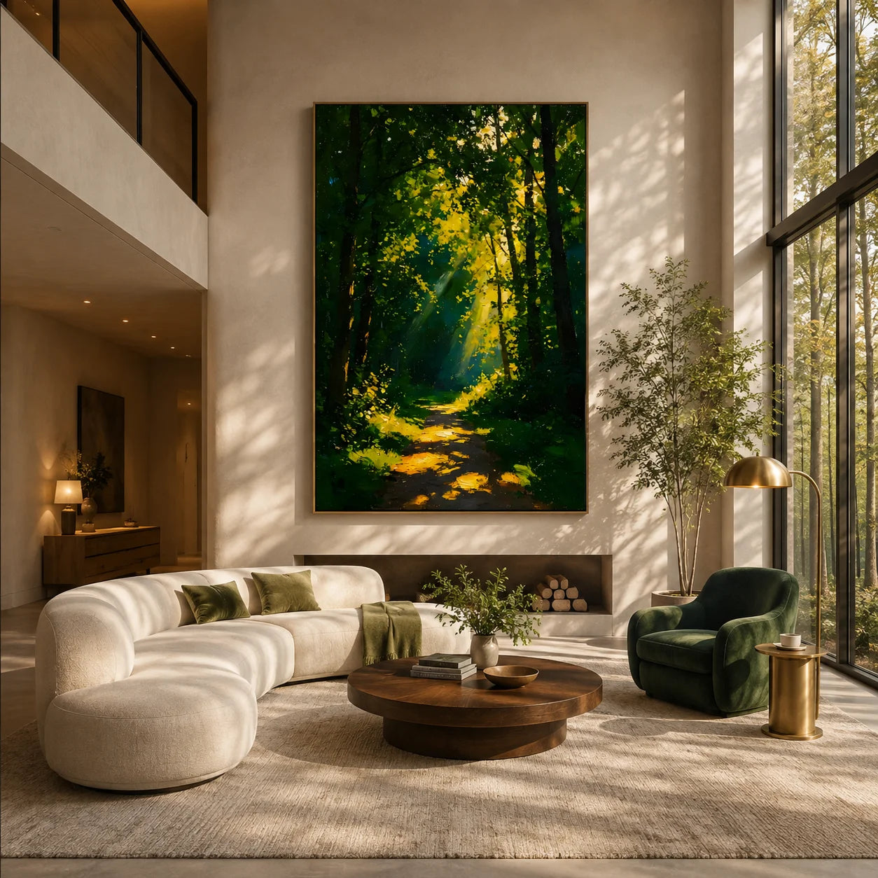 Ownanart Hand-Painted Green Forest Sunlight Path Oil Painting | Modern Impressionist Woodland with Golden Sun Rays & Textured Nature Landscape Wall Art for Living Room, Bedroom and Study # OA 1356