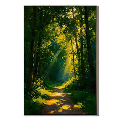 Ownanart Hand-Painted Green Forest Sunlight Path Oil Painting | Modern Impressionist Woodland with Golden Sun Rays & Textured Nature Landscape Wall Art for Living Room, Bedroom and Study # OA 1356