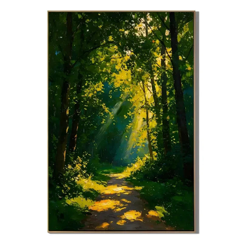 Ownanart Hand-Painted Green Forest Sunlight Path Oil Painting | Modern Impressionist Woodland with Golden Sun Rays & Textured Nature Landscape Wall Art for Living Room, Bedroom and Study # OA 1356