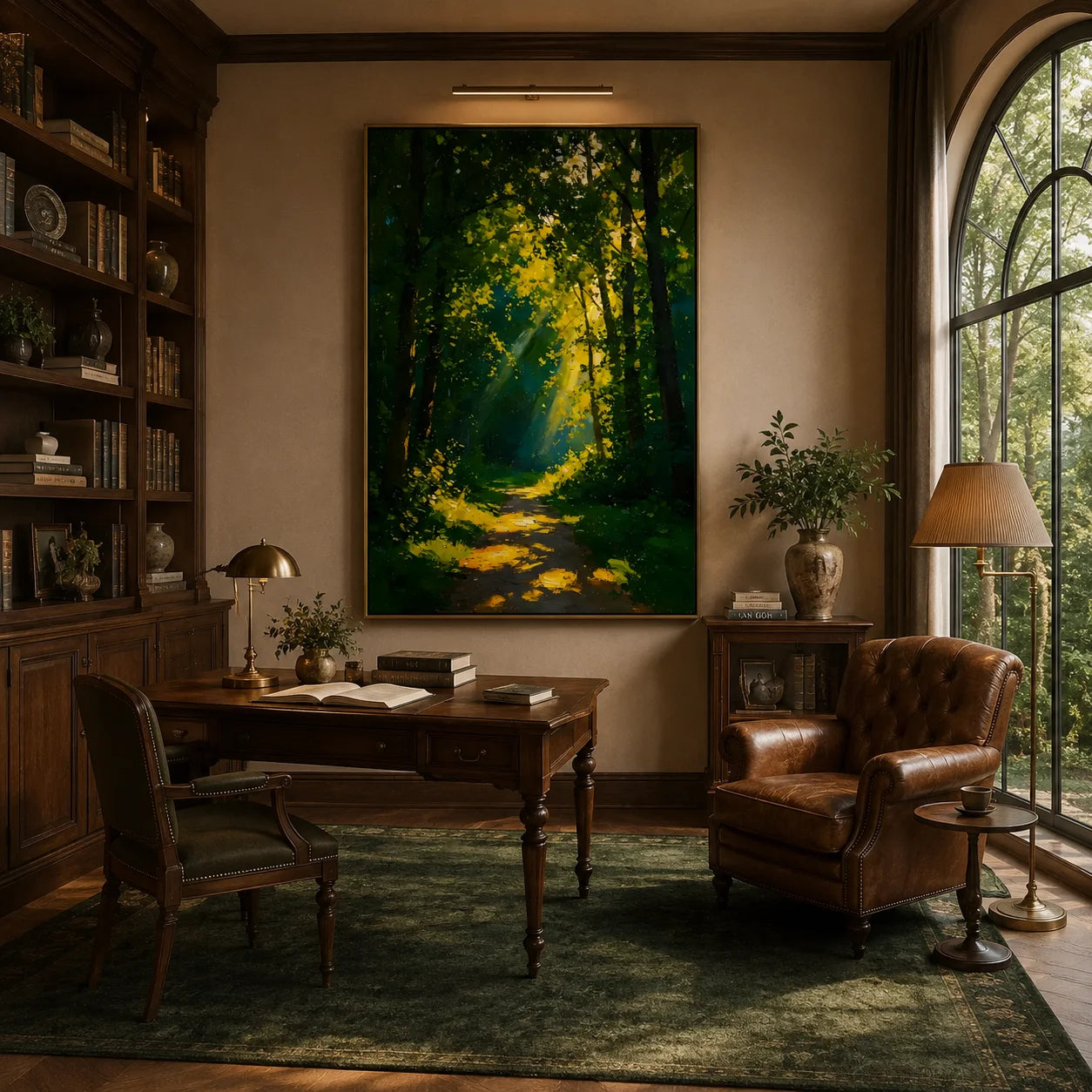 Ownanart Hand-Painted Green Forest Sunlight Path Oil Painting | Modern Impressionist Woodland with Golden Sun Rays & Textured Nature Landscape Wall Art for Living Room, Bedroom and Study # OA 1356