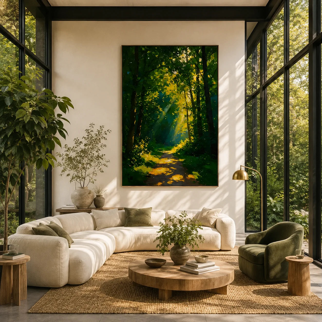Ownanart Hand-Painted Green Forest Sunlight Path Oil Painting | Modern Impressionist Woodland with Golden Sun Rays & Textured Nature Landscape Wall Art for Living Room, Bedroom and Study # OA 1356