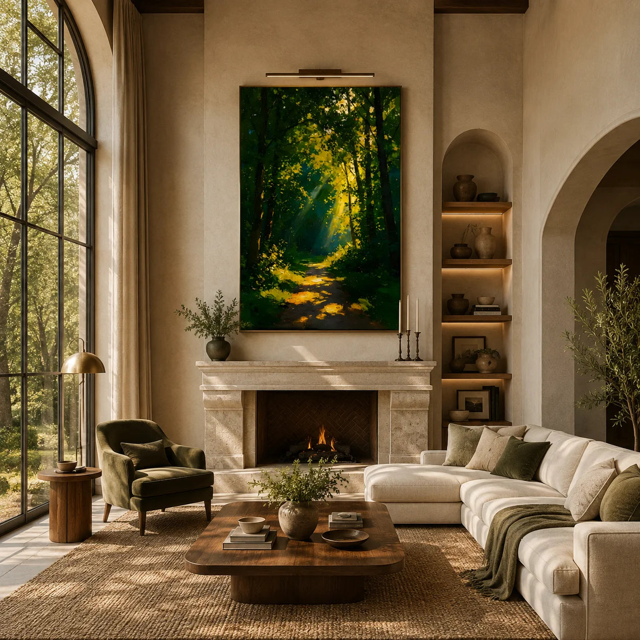 Ownanart Hand-Painted Green Forest Sunlight Path Oil Painting | Modern Impressionist Woodland with Golden Sun Rays & Textured Nature Landscape Wall Art for Living Room, Bedroom and Study # OA 1356