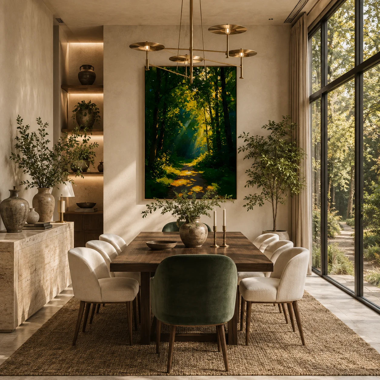 Ownanart Hand-Painted Green Forest Sunlight Path Oil Painting | Modern Impressionist Woodland with Golden Sun Rays & Textured Nature Landscape Wall Art for Living Room, Bedroom and Study # OA 1356