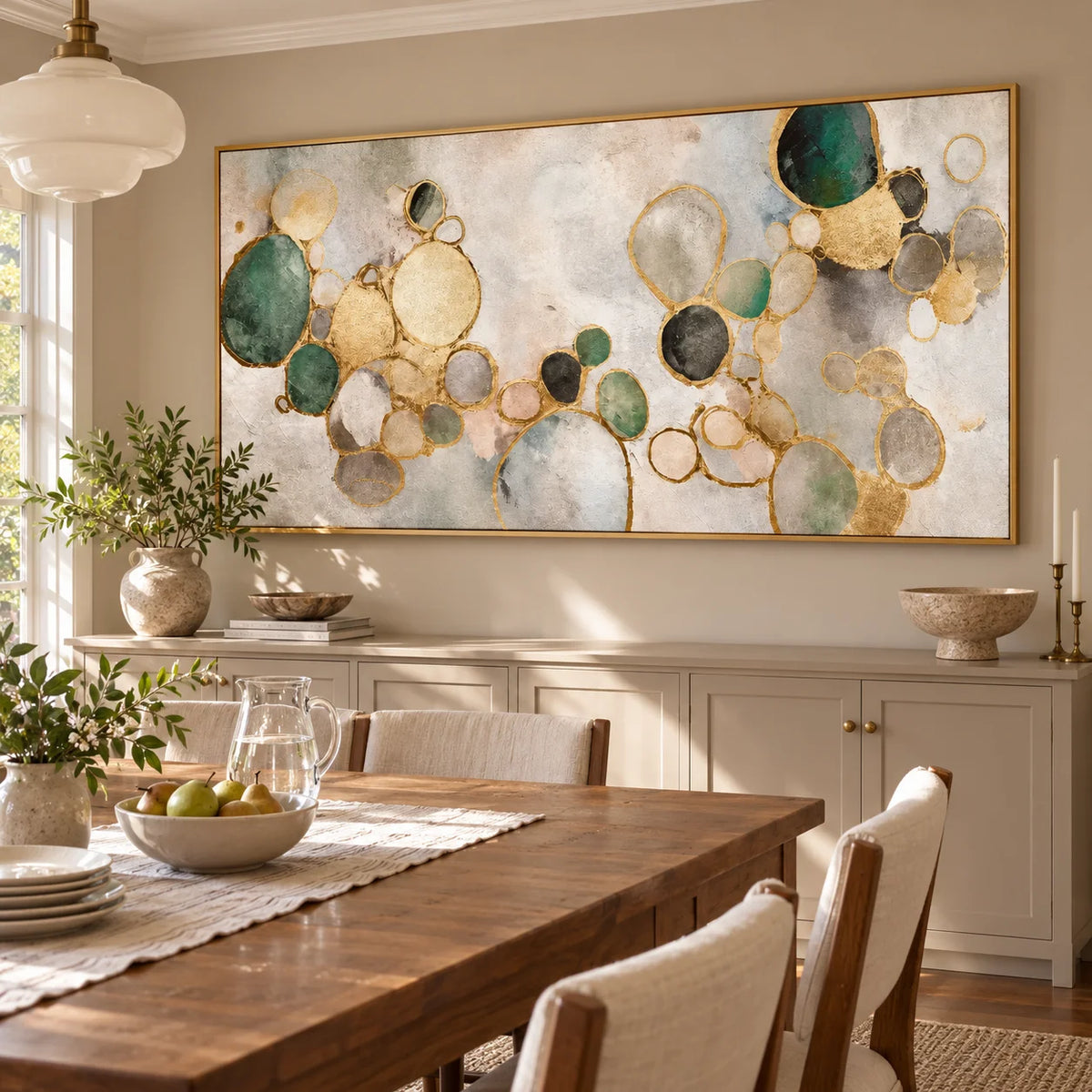 Ownanart Hand-Painted Green and Gold Abstract Oil Painting – Organic Circles, Textured Neutral Horizontal Canvas Wall Art