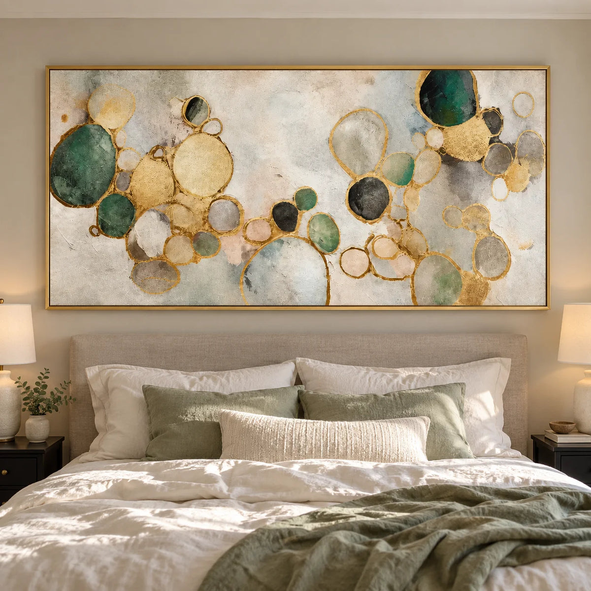 Ownanart Hand-Painted Green and Gold Abstract Oil Painting – Organic Circles, Textured Neutral Horizontal Canvas Wall Art