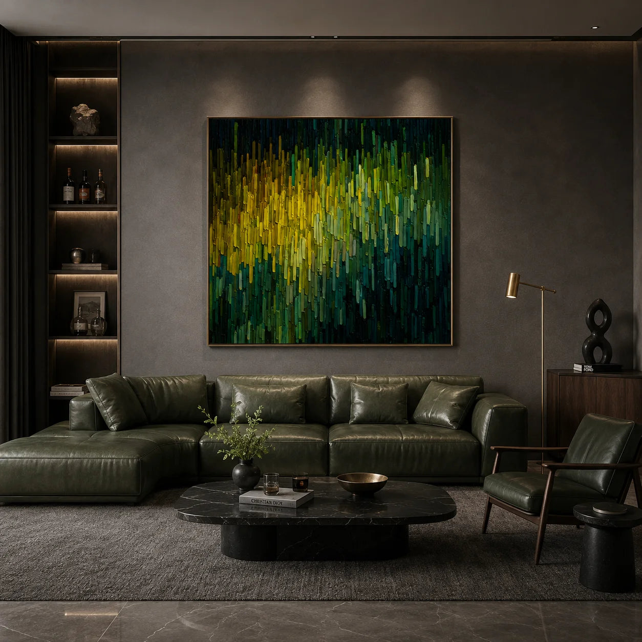 Hand-Painted Green and Yellow Abstract Impasto Oil Painting, Textured Forest Light Canvas Wall Art for Modern Living Room Decor # OA 1156