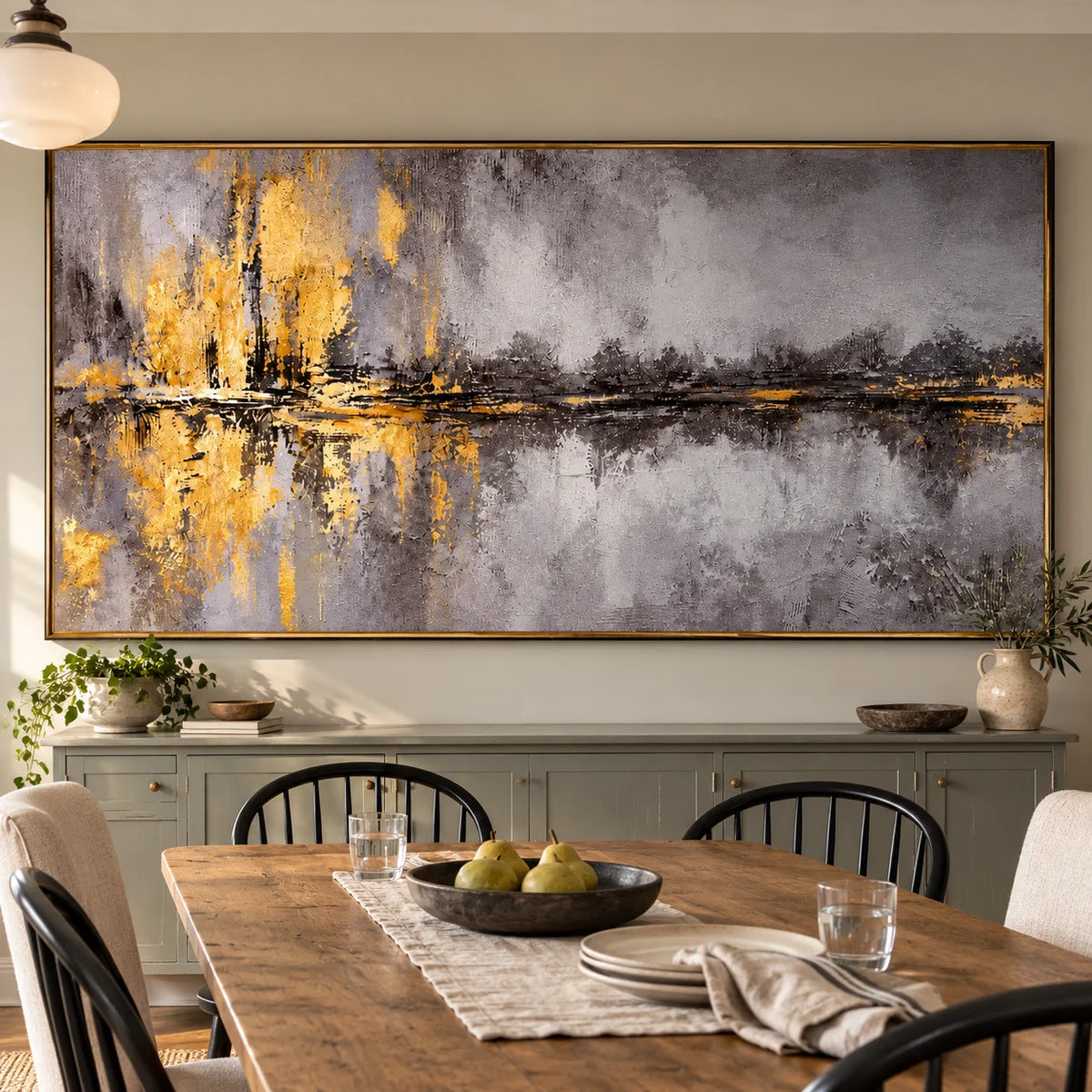 Ownanart Hand-Painted Grey and Gold Abstract Landscape Oil Painting – Textured Horizon and Water Reflections, Horizontal Canvas Wall Art