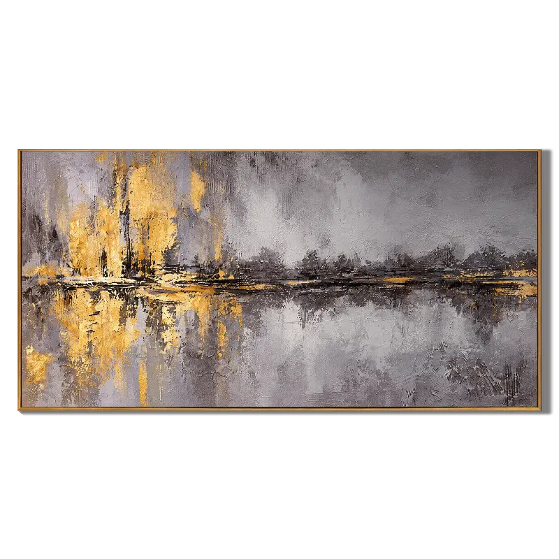 Ownanart Hand-Painted Grey and Gold Abstract Landscape Oil Painting – Textured Horizon and Water Reflections, Horizontal Canvas Wall Art
