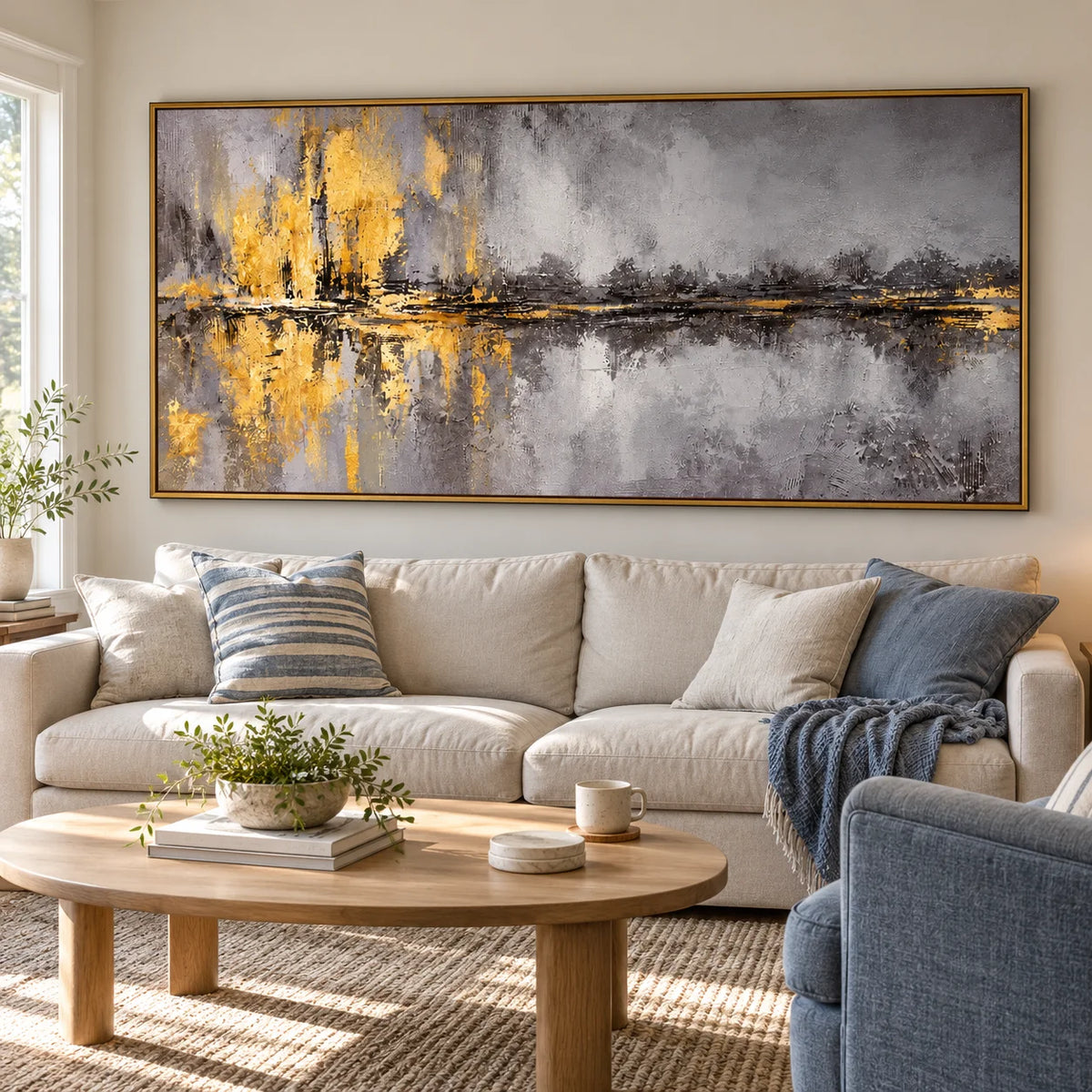 Ownanart Hand-Painted Grey and Gold Abstract Landscape Oil Painting – Textured Horizon and Water Reflections, Horizontal Canvas Wall Art