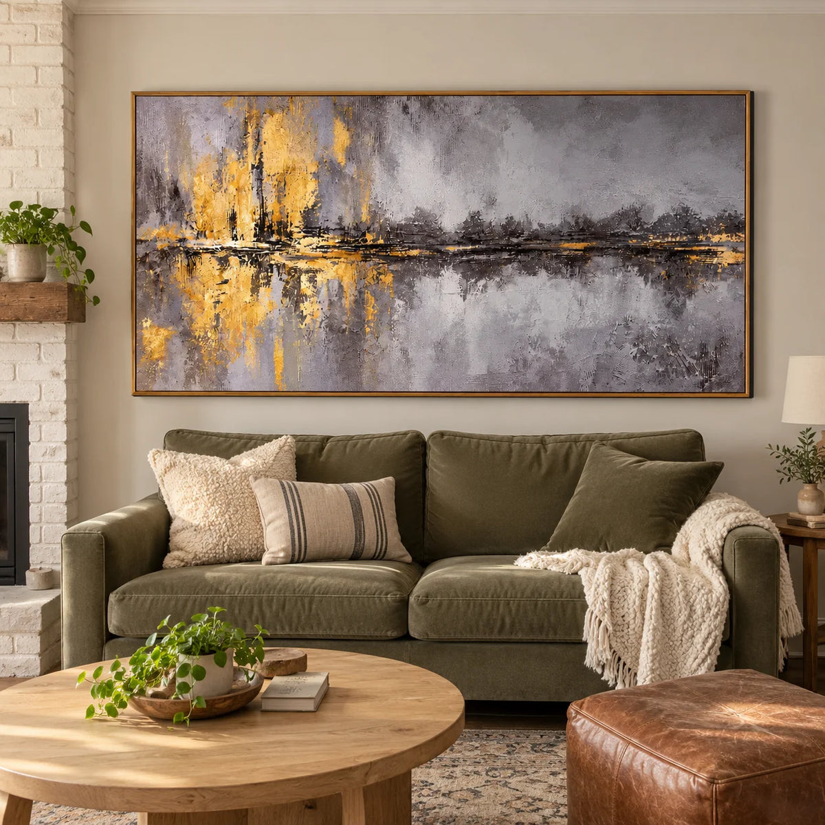 Ownanart Hand-Painted Grey and Gold Abstract Landscape Oil Painting – Textured Horizon and Water Reflections, Horizontal Canvas Wall Art