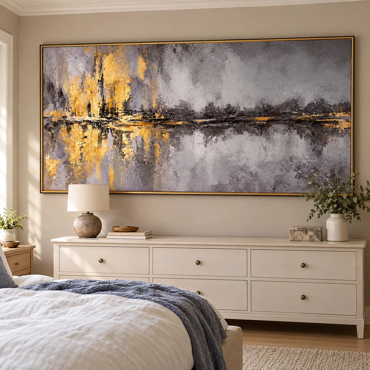 Ownanart Hand-Painted Grey and Gold Abstract Landscape Oil Painting – Textured Horizon and Water Reflections, Horizontal Canvas Wall Art