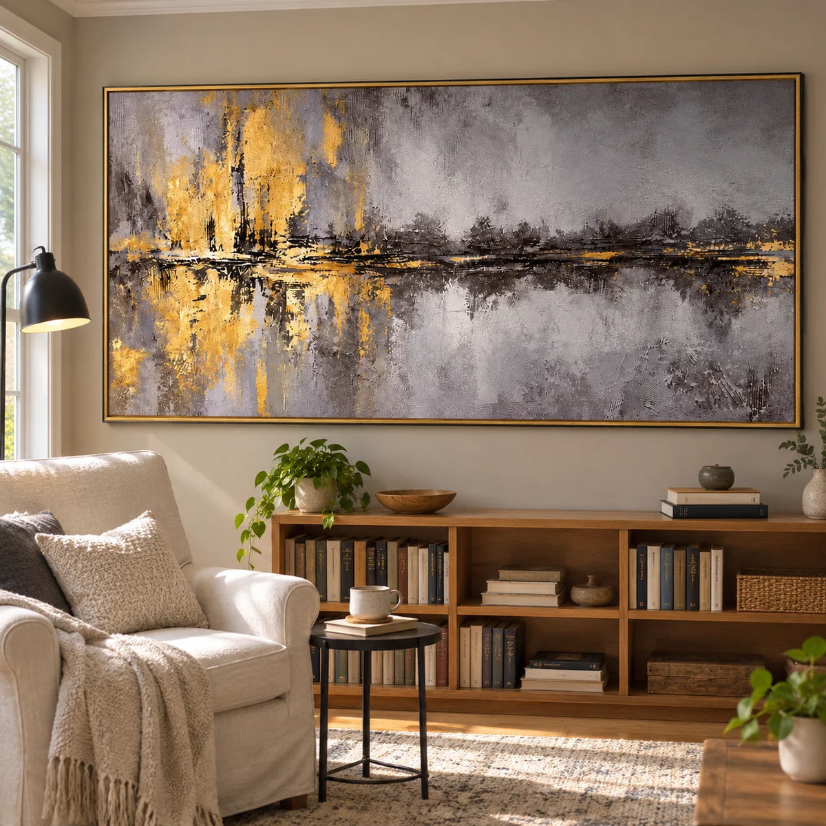 Ownanart Hand-Painted Grey and Gold Abstract Landscape Oil Painting – Textured Horizon and Water Reflections, Horizontal Canvas Wall Art