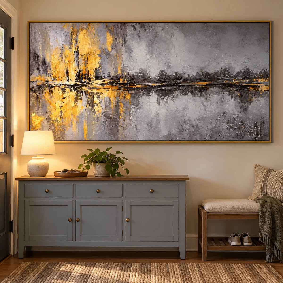 Ownanart Hand-Painted Grey and Gold Abstract Landscape Oil Painting – Textured Horizon and Water Reflections, Horizontal Canvas Wall Art