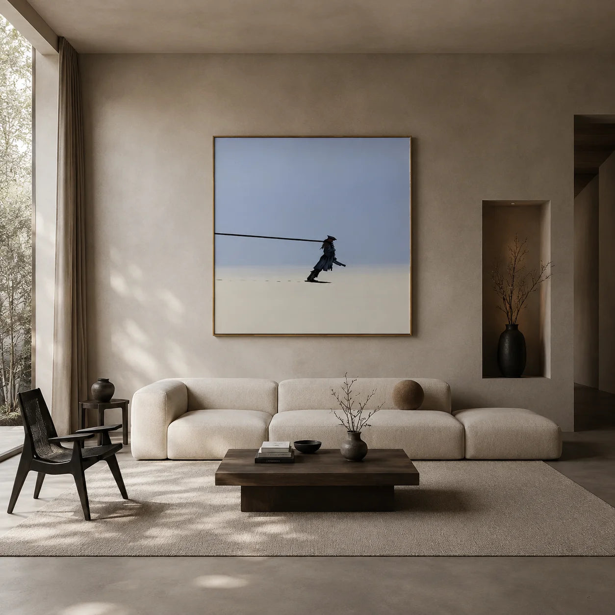 Ownanart Hand-Painted Lonely Wanderer Oil Painting | Modern Minimalist Surreal Figure with Endless Tether & Blue Gray Atmospheric Wall Art for Living Room, Bedroom and Study  # OA 1358