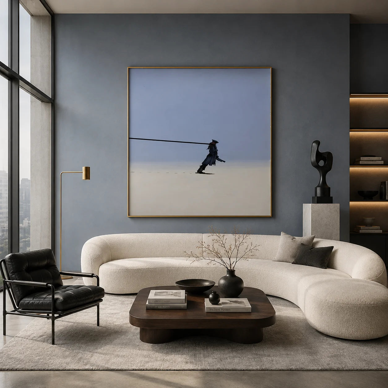 Ownanart Hand-Painted Lonely Wanderer Oil Painting | Modern Minimalist Surreal Figure with Endless Tether & Blue Gray Atmospheric Wall Art for Living Room, Bedroom and Study  # OA 1358
