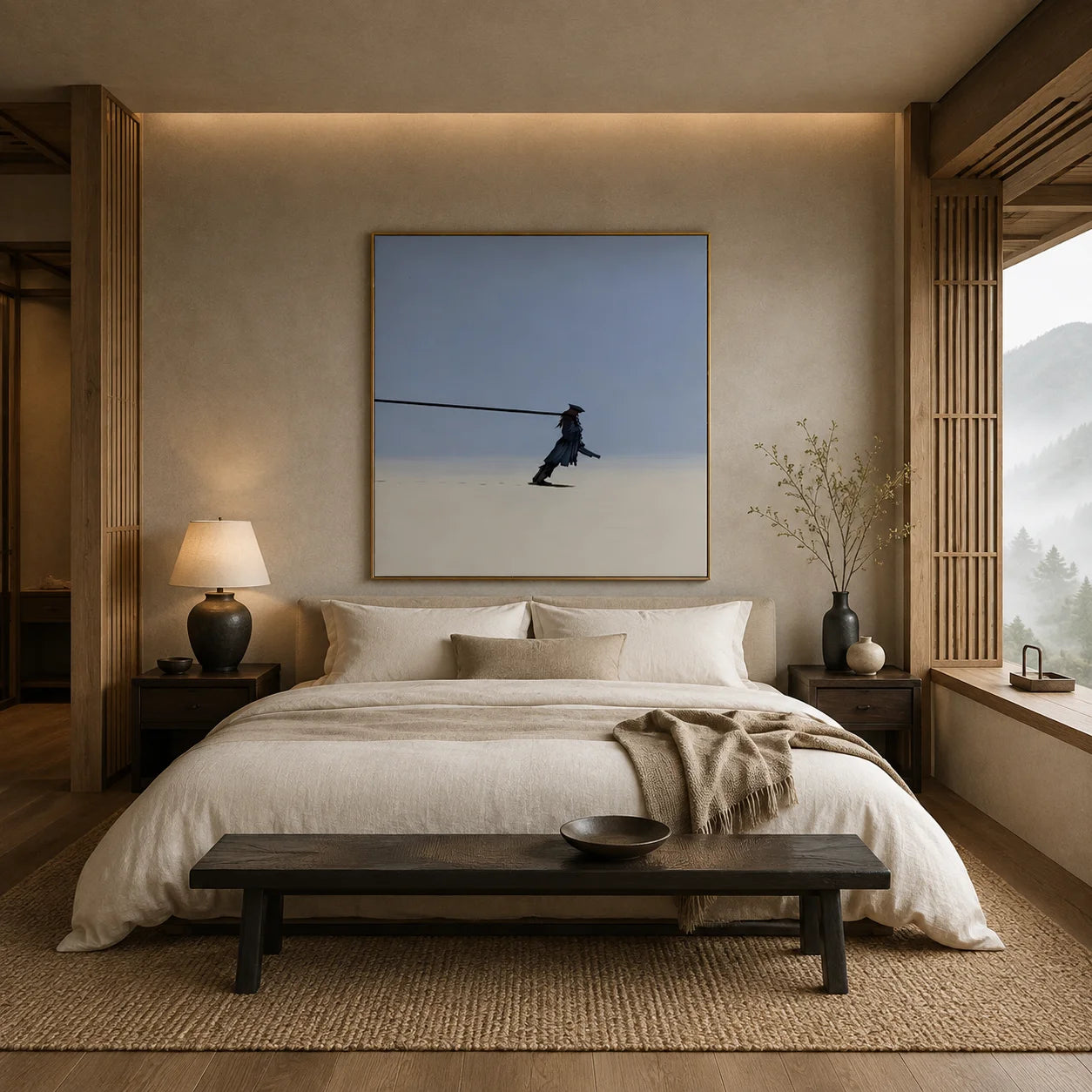 Ownanart Hand-Painted Lonely Wanderer Oil Painting | Modern Minimalist Surreal Figure with Endless Tether & Blue Gray Atmospheric Wall Art for Living Room, Bedroom and Study  # OA 1358