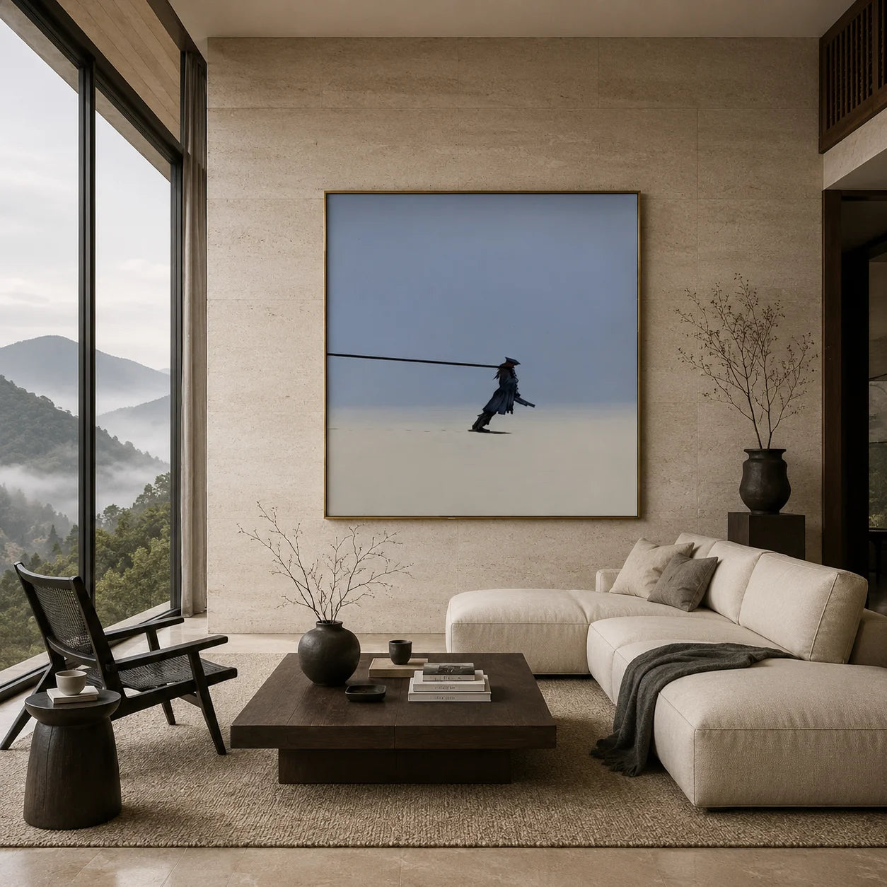 Ownanart Hand-Painted Lonely Wanderer Oil Painting | Modern Minimalist Surreal Figure with Endless Tether & Blue Gray Atmospheric Wall Art for Living Room, Bedroom and Study  # OA 1358