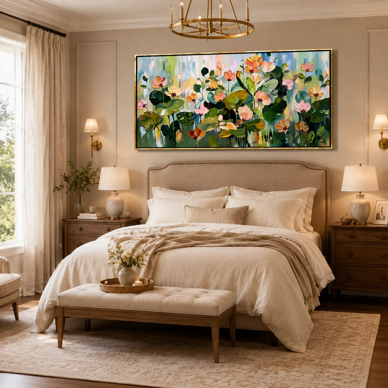 Hand-Painted Lotus Flower Oil Painting, Large Floral Wall Art for Elegant Modern Home Decor#OA 0990