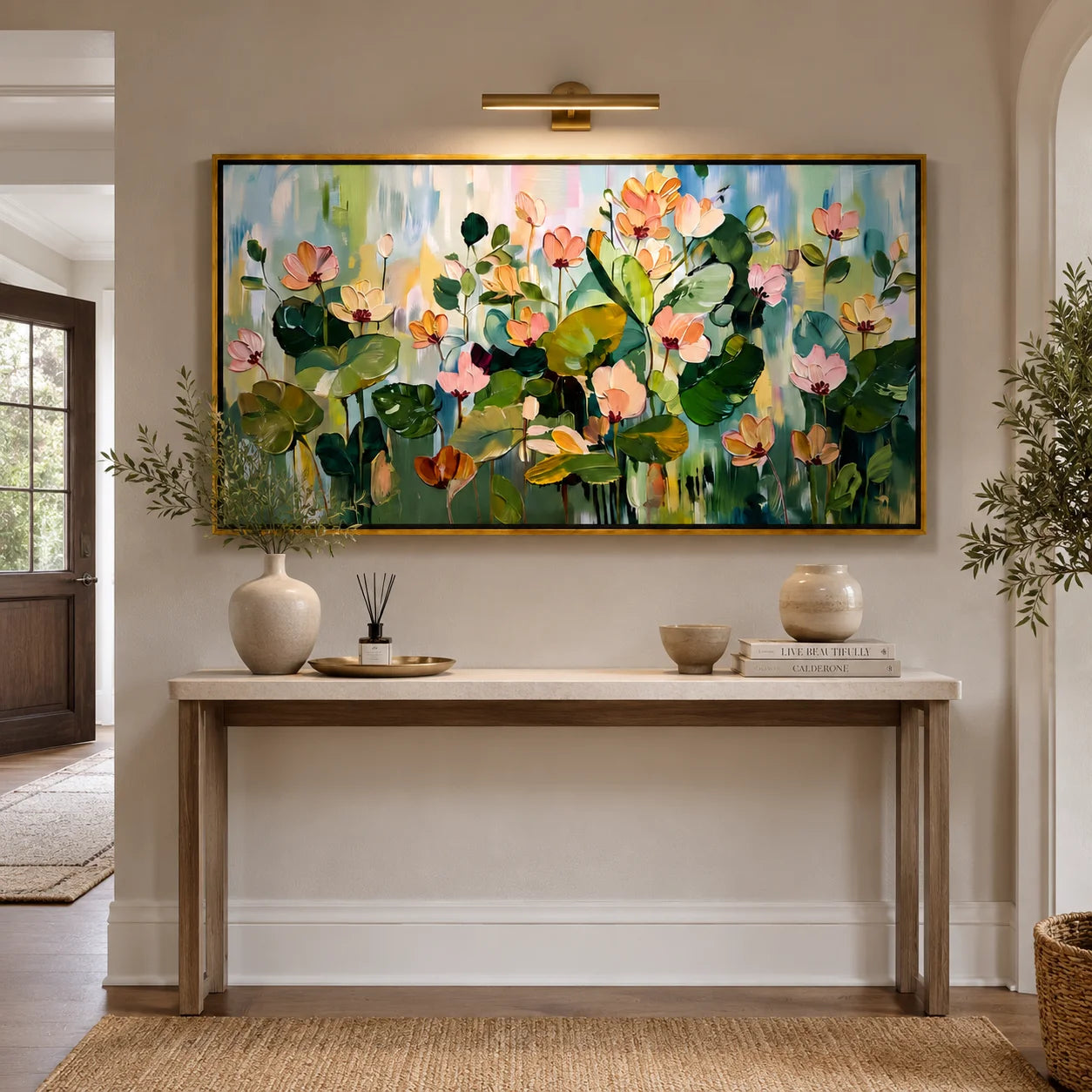Hand-Painted Lotus Flower Oil Painting, Large Floral Wall Art for Elegant Modern Home Decor#OA 0990