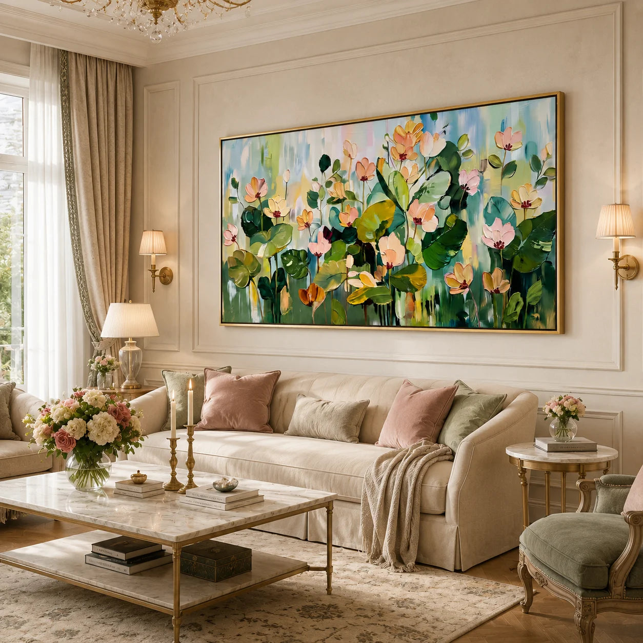 Hand-Painted Lotus Flower Oil Painting, Large Floral Wall Art for Elegant Modern Home Decor#OA 0990