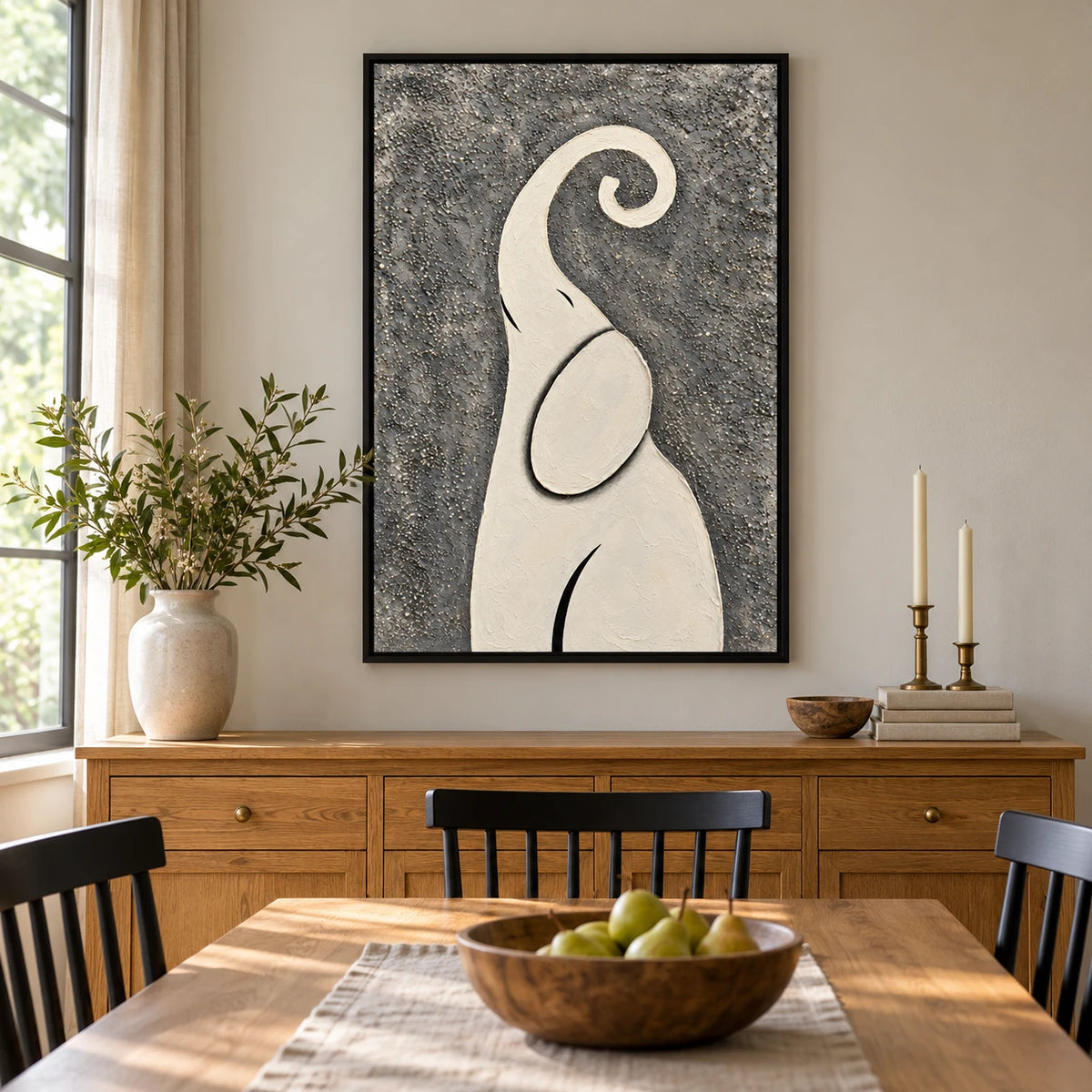 Ownanart Hand-Painted Minimalist Ivory Elephant with Curled Trunk Oil Painting – Modern Animal Art, 3D Textured Vertical Impasto Canvas Wall Art for Living Room Bedroom Entryway and Office #OA 1585