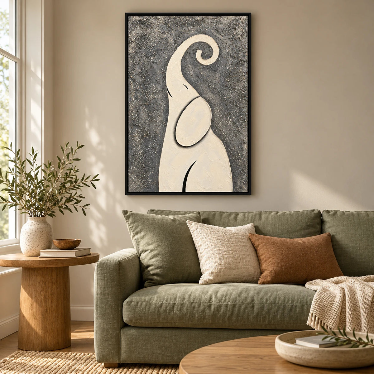 Ownanart Hand-Painted Minimalist Ivory Elephant with Curled Trunk Oil Painting – Modern Animal Art, 3D Textured Vertical Impasto Canvas Wall Art for Living Room Bedroom Entryway and Office #OA 1585