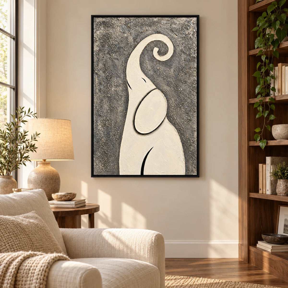 Ownanart Hand-Painted Minimalist Ivory Elephant with Curled Trunk Oil Painting – Modern Animal Art, 3D Textured Vertical Impasto Canvas Wall Art for Living Room Bedroom Entryway and Office #OA 1585
