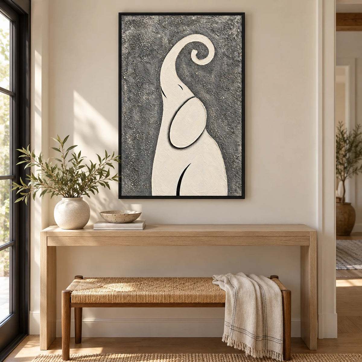 Ownanart Hand-Painted Minimalist Ivory Elephant with Curled Trunk Oil Painting – Modern Animal Art, 3D Textured Vertical Impasto Canvas Wall Art for Living Room Bedroom Entryway and Office #OA 1585