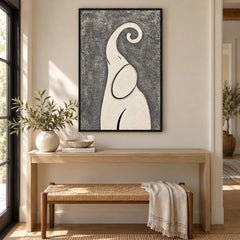 Minimalist Ivory Elephant with Curled Trunk Oil Painting – Modern Animal Art #OA 1585