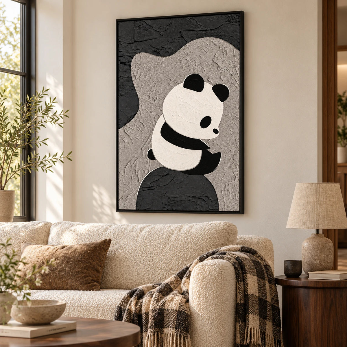 Ownanart Hand-Painted Minimalist Panda Sitting on an Abstract Rock Oil Painting – Modern Animal Art, 3D Textured Vertical Impasto Canvas Wall Art for Living Room Bedroom Entryway and Office #OA 1590