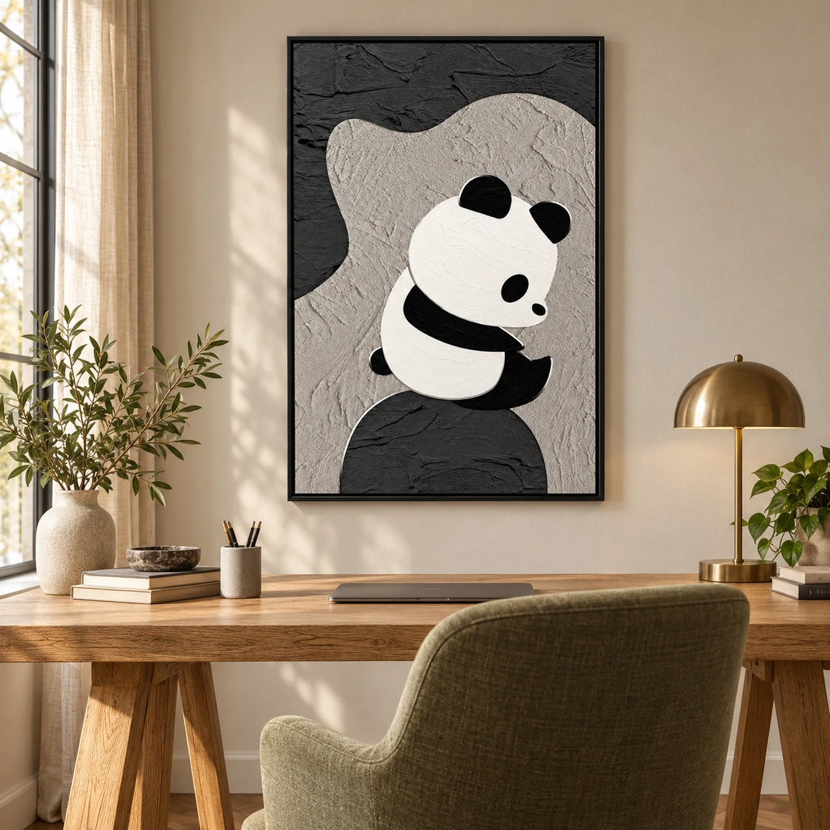 Ownanart Hand-Painted Minimalist Panda Sitting on an Abstract Rock Oil Painting – Modern Animal Art, 3D Textured Vertical Impasto Canvas Wall Art for Living Room Bedroom Entryway and Office #OA 1590