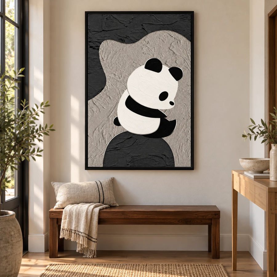 Minimalist Panda Sitting on an Abstract Rock Oil Painting – Modern Animal Art #OA 1590