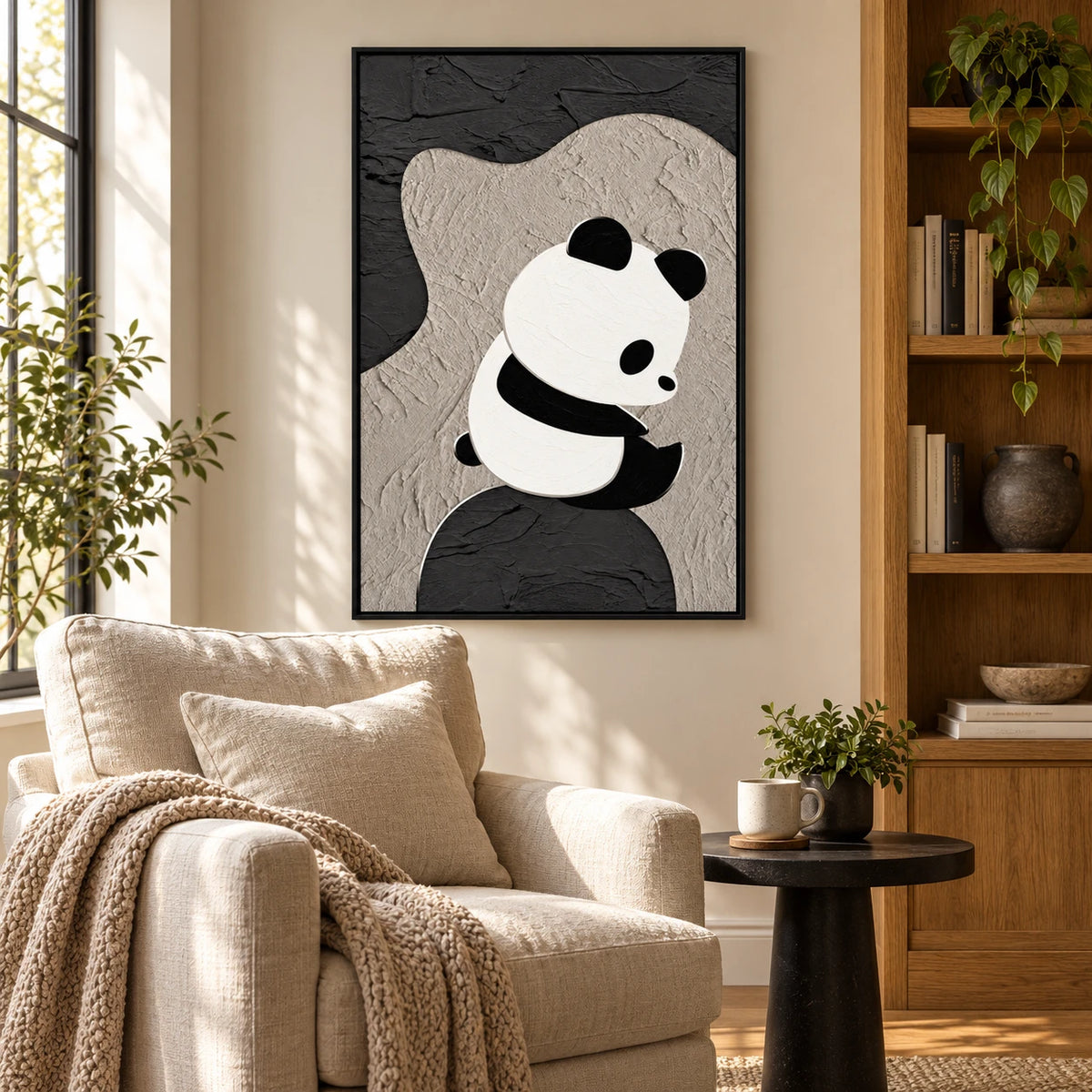 Ownanart Hand-Painted Minimalist Panda Sitting on an Abstract Rock Oil Painting – Modern Animal Art, 3D Textured Vertical Impasto Canvas Wall Art for Living Room Bedroom Entryway and Office #OA 1590