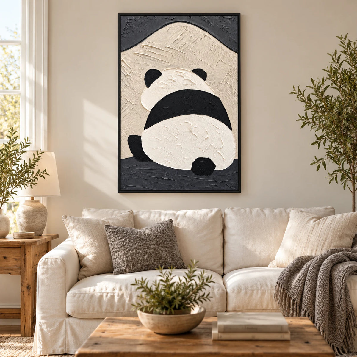 Ownanart Hand-Painted Minimalist Panda Viewed from Behind Oil Painting – Modern Animal Art, 3D Textured Vertical Impasto Canvas Wall Art for Living Room Bedroom Entryway and Office #OA 1588
