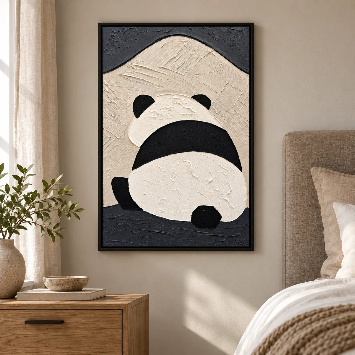 Ownanart Hand-Painted Minimalist Panda Viewed from Behind Oil Painting – Modern Animal Art, 3D Textured Vertical Impasto Canvas Wall Art for Living Room Bedroom Entryway and Office #OA 1588
