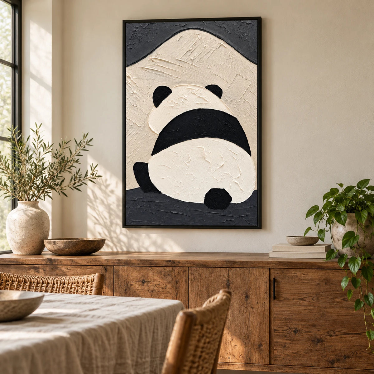 Ownanart Hand-Painted Minimalist Panda Viewed from Behind Oil Painting – Modern Animal Art, 3D Textured Vertical Impasto Canvas Wall Art for Living Room Bedroom Entryway and Office #OA 1588
