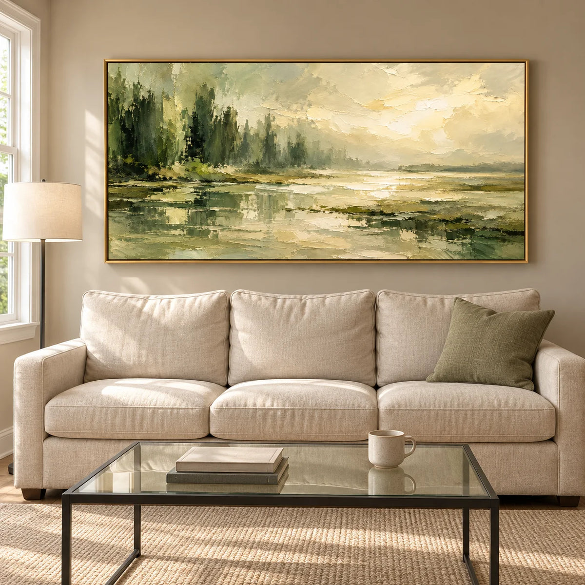 Ownanart Hand-Painted Misty Forest & Lake Oil Painting – Sage Green Trees, Golden Light & Textured Reflections, Panoramic Nature Wall Art