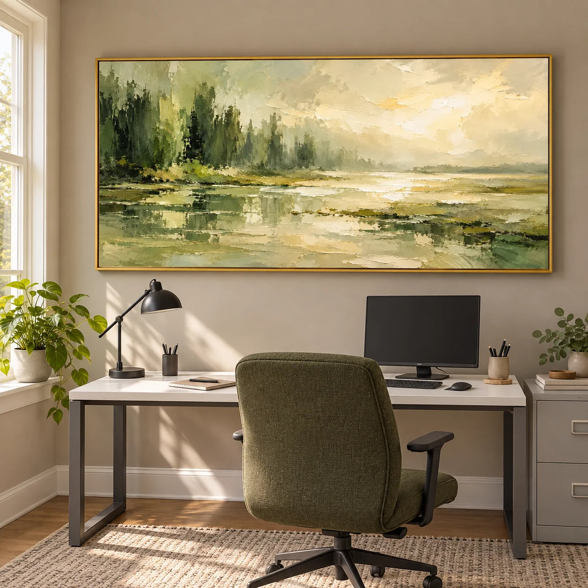 Ownanart Hand-Painted Misty Forest & Lake Oil Painting – Sage Green Trees, Golden Light & Textured Reflections, Panoramic Nature Wall Art