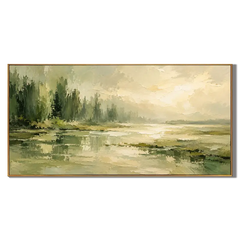 Ownanart Hand-Painted Misty Forest & Lake Oil Painting – Sage Green Trees, Golden Light & Textured Reflections, Panoramic Nature Wall Art #OA 1416