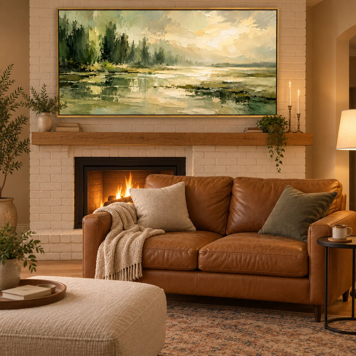 Ownanart Hand-Painted Misty Forest & Lake Oil Painting – Sage Green Trees, Golden Light & Textured Reflections, Panoramic Nature Wall Art