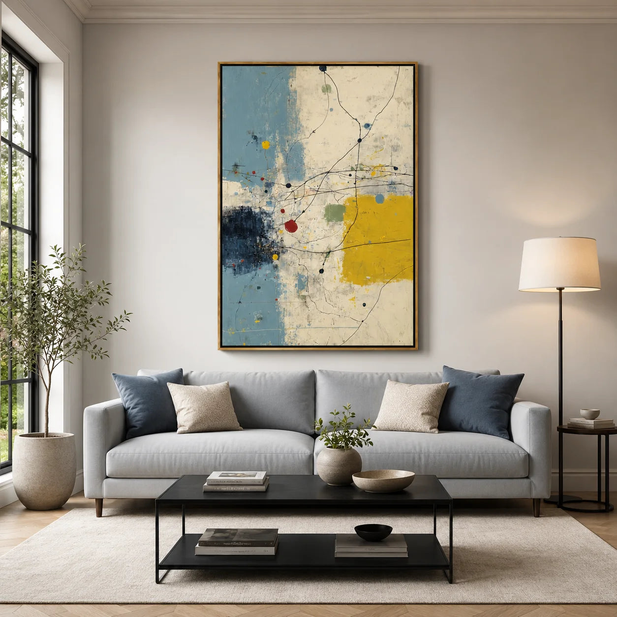 Hand-Painted Modern Abstract Oil Painting, Blue and Yellow Textured Canvas Wall Art for Contemporary Home Decor#OA 0937