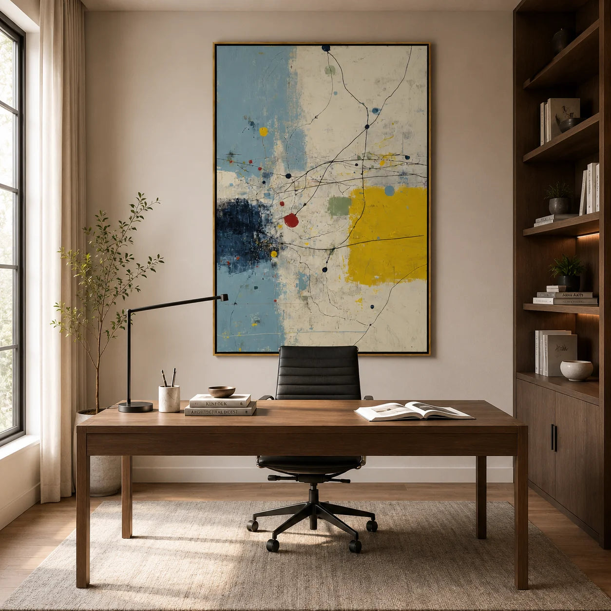 Hand-Painted Modern Abstract Oil Painting, Blue and Yellow Textured Canvas Wall Art for Contemporary Home Decor#OA 0937