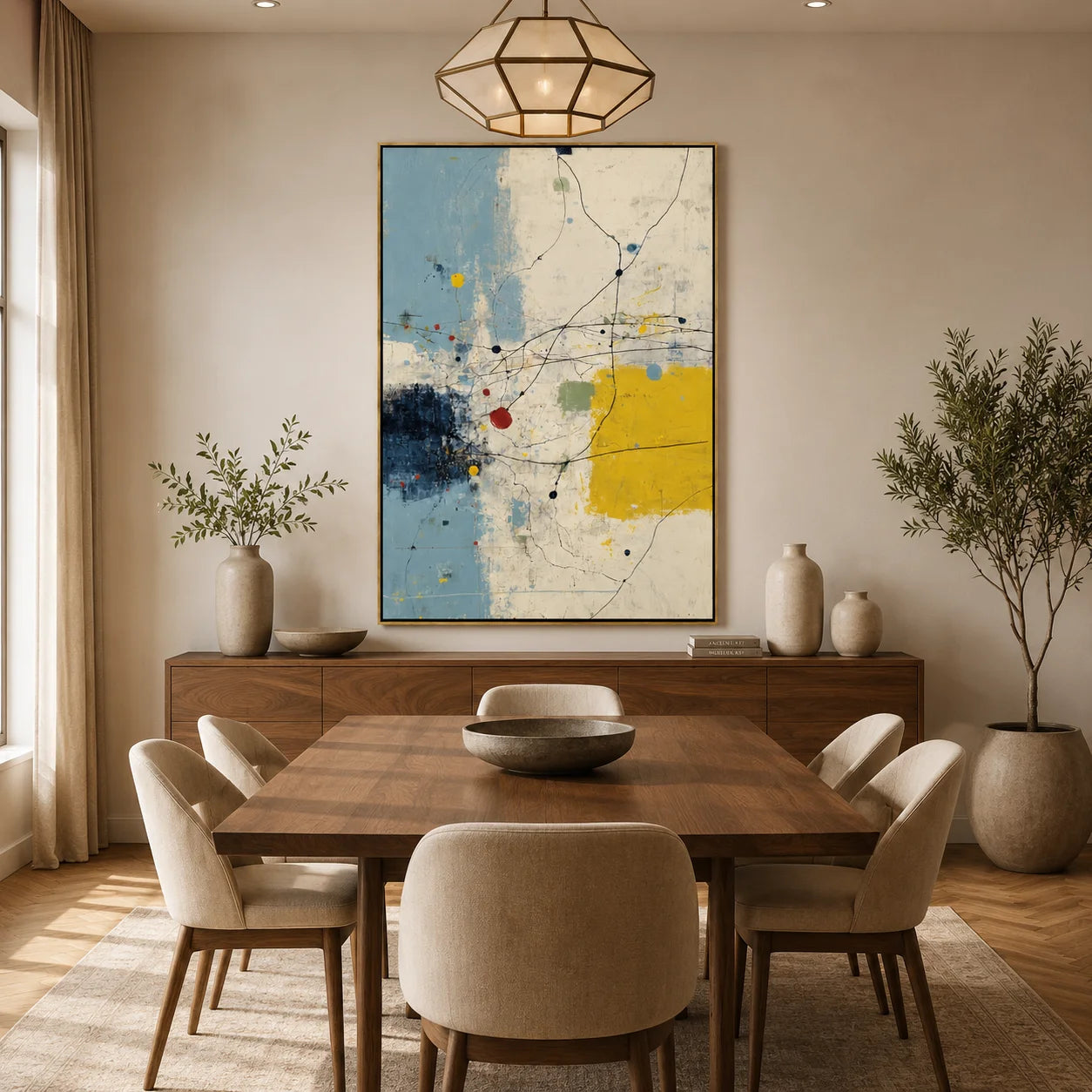 Hand-Painted Modern Abstract Oil Painting, Blue and Yellow Textured Canvas Wall Art for Contemporary Home Decor#OA 0937